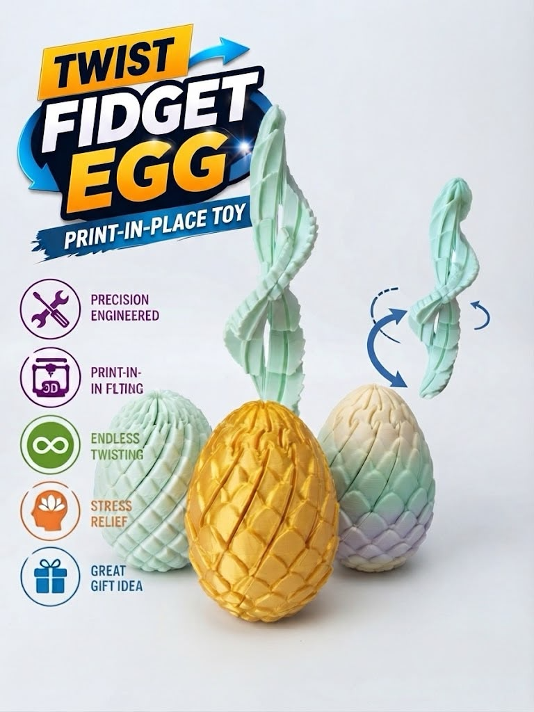 Twist fidget egg, a print-in-place twisting toy in pineapple and pastel gradient colours
